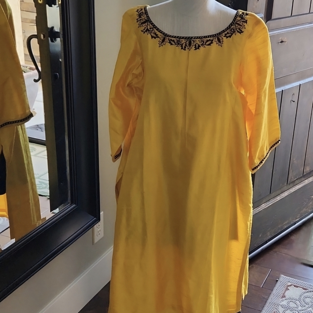 Constance Dress Killara Quince" by Bajay. Linen dress features black embroidery
